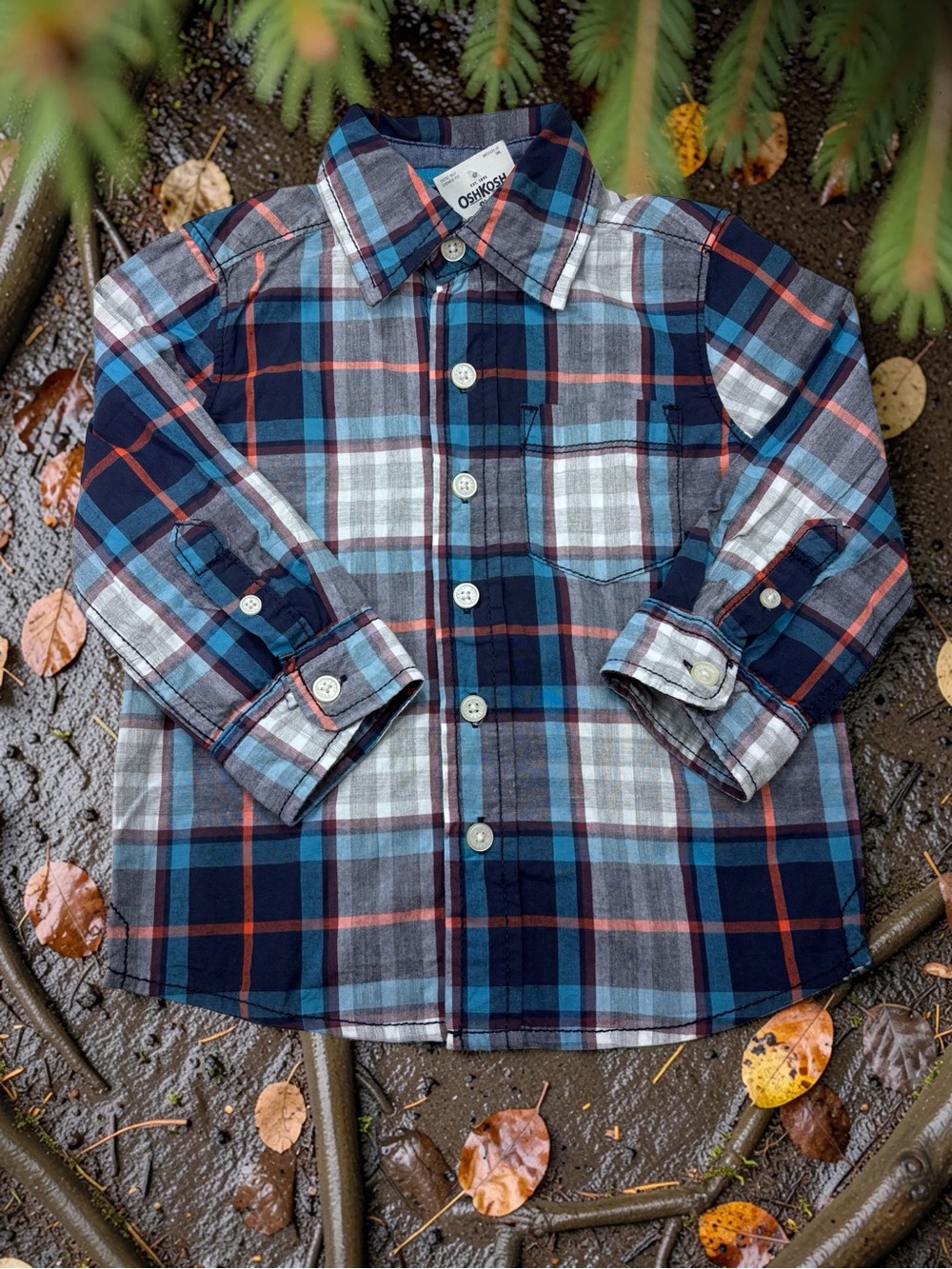 New With Tag OshKosh B'gosh Classic Navy and Light Blue Plaid Button-Up Shirt